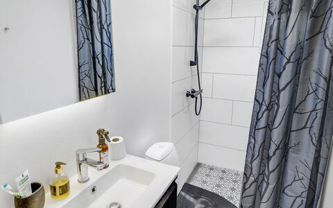 Ljuba - 1.2Km from the Sea: Bathroom, Interior Design, Flooring, Plumbing Fixture, Floor, Toilet, Plumbing, Room, Curtain, Tap