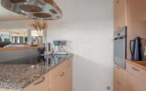 Hattie - 100M from the Sea: Countertop, Kitchen, Interior Design, Flooring, Kitchen Appliance, Cabinetry, Furniture, Wood, Ceiling, Floor