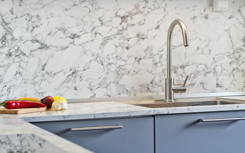Wiger - 150M from the Sea: Kitchen, Countertop, Kitchen Appliance, Interior Design, Major Appliance, Flooring, Tap, Plumbing Fixture, Home, Sink