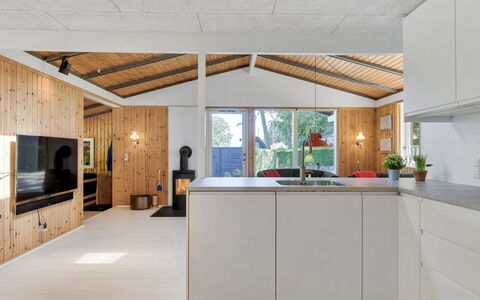 Eriksine - 150M from the Sea: Flooring, Wood, Interior Design, Ceiling, Furniture, Kitchen, Light Fixture, Floor, Countertop, Lighting