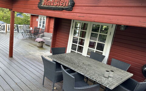 Ernestine - 500M to the Fjord: Wood, Furniture, Outdoor Furniture, Outdoor Table, Deck, Porch, Chair, Shade, Door, Wood Stain