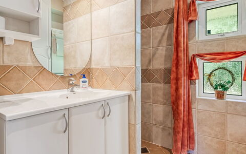 Stryd - 150M from the Sea: Flooring, Plumbing Fixture, Interior Design, Floor, Bathroom, Bathroom Cabinet, Sink, Plumbing, Tap, Tile