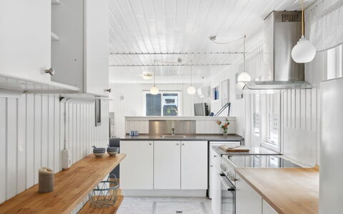 Self - 400M to the Fjord: Kitchen, Countertop, Interior Design, Wood, Ceiling, Kitchen Appliance, Flooring, Light Fixture, Cabinetry, Major Appliance