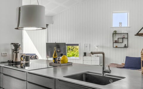 Vilda - 416M from the Sea: Kitchen, Countertop, Interior Design, Flooring, Kitchen Appliance, Kitchen Sink, Plumbing Fixture, Tap, Cabinetry, Light Fixture
