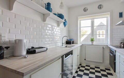 Borka - 150M from the Sea: Kitchen, Kitchen Appliance, Countertop, Flooring, Major Appliance, Interior Design, Cabinetry, Floor, Furniture, Room