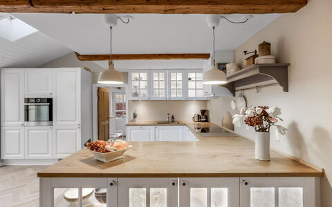 Juhana - 150M from the Sea: Furniture, Kitchen, Cabinetry, Interior Design, Countertop, Flooring, Light Fixture, Wood, Ceiling, Kitchen Appliance