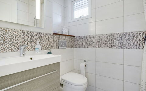 Eweline - 75M from the Sea: Bathroom, Plumbing Fixture, Flooring, Interior Design, Floor, Tile, Mosaic, Plumbing, Bathroom Cabinet, Tap