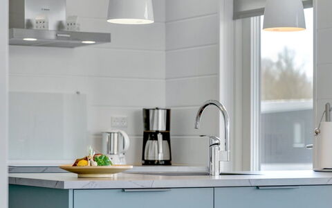 Klarin - 350M from the Sea: Countertop, Kitchen, Interior Design, Kitchen Appliance, Furniture, Cabinetry, Flooring, Plumbing Fixture, Tap, Home
