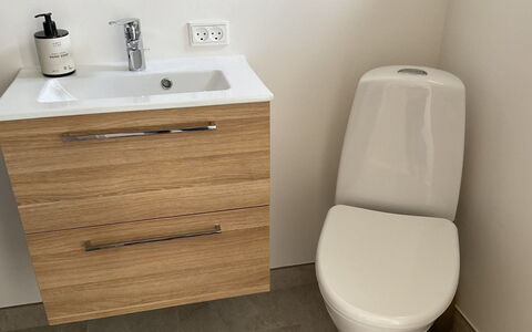 Tofan - 100M to the Fjord: Flooring, Plumbing Fixture, Floor, Toilet, Bathroom, Toilet Seat, Bathroom Sink, Bathroom Cabinet, Plumbing, Sink