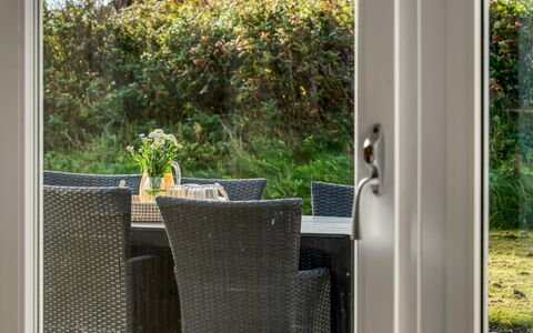 Raadengaard - 400M from the Sea: Furniture, Chair, Outdoor Furniture, Outdoor Table, Kitchen & Dining Room Table, Shade, Eco Hotel, Patio, Glass, Porch