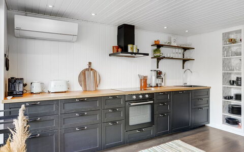 Sveina - 600M from the Sea: Wood, Kitchen, Flooring, Cabinetry, Countertop, Interior Design, Kitchen Appliance, Furniture, Drawer, Wood Stain