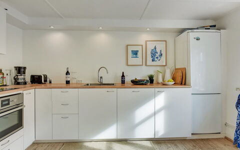 Gunulf - 150M from the Sea: Kitchen, Kitchen Appliance, Countertop, Furniture, Cabinetry, Flooring, Major Appliance, Interior Design, Wood, Home Appliance