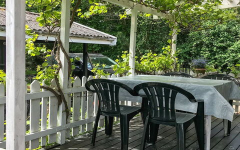 Vojo - 100M from the Sea: Porch, Furniture, Shade, Table, Garden, Chair, Outdoor Structure, Outdoor Table, Outdoor Furniture