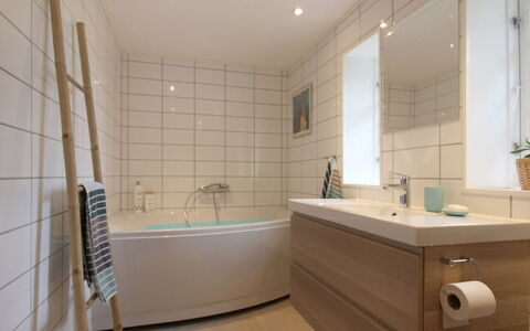Harre - 300M from the Sea: Bathroom, Flooring, Interior Design, Plumbing Fixture, Floor, Bathtub, Bathroom Sink, Tap, Sink, Plumbing