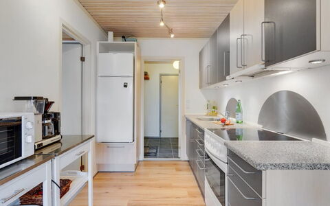 Felisa - 300M from the Sea: Kitchen, Flooring, Interior Design, Kitchen Appliance, Furniture, Major Appliance, Countertop, Wood, Ceiling, Floor