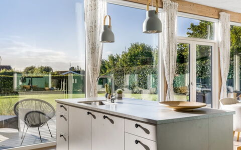 Sebbi - 90M from the Sea: Kitchen, Furniture, Interior Design, Countertop, Light Fixture, Flooring, Ceiling, Floor, Lighting, Home