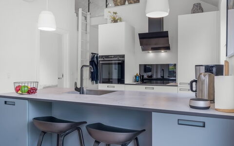 Elso - 600M to the Fjord: Kitchen, Kitchen Appliance, Countertop, Furniture, Interior Design, Cabinetry, Light Fixture, Flooring, Home Appliance, Ceiling