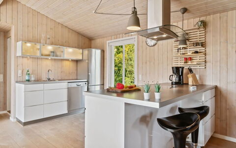 Gerhild - 300M from the Sea: Kitchen, Countertop, Furniture, Interior Design, Flooring, Light Fixture, Kitchen Appliance, Wood, Ceiling, Cabinetry