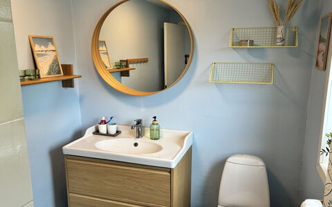 Ika - 600M from the Sea: Flooring, Interior Design, Floor, Room, Bathroom Cabinet, Cabinetry, Drawer, Plumbing Fixture, Wood Stain