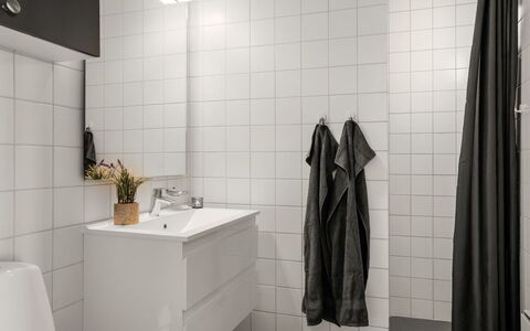 Jyrki - 100M from the Sea: Flooring, Floor, Interior Design, Plumbing Fixture, Plumbing, Tile, Sink, Room, Bathroom, Bathroom Cabinet