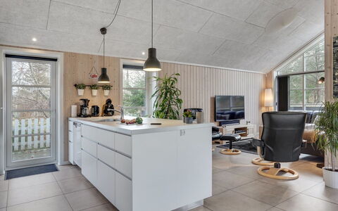 Lilie - 270M from the Sea: Flooring, Wood, Ceiling, Interior Design, Light Fixture, Kitchen, Floor, Countertop, Furniture, Home