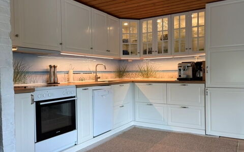 Annamie - 650M from the Sea: Kitchen, Cabinetry, Kitchen Appliance, Flooring, Wood, Countertop, Interior Design, Cupboard, Floor, Home