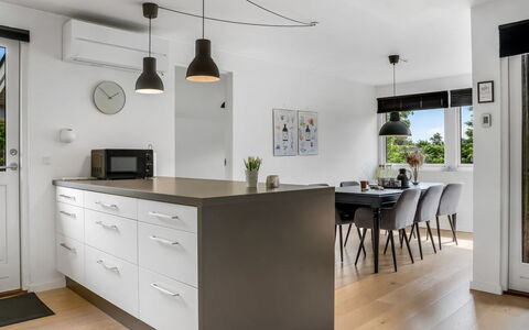 Rosmarie - 600M from the Sea: Furniture, Interior Design, Kitchen, Countertop, Cabinetry, Flooring, Light Fixture, Floor, Wall, Chair