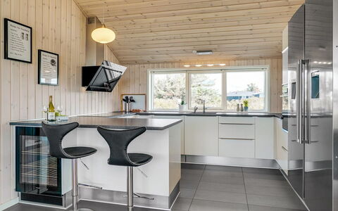 Esma - 150M from the Sea: Kitchen, Flooring, Countertop, Interior Design, Furniture, Wood, Ceiling, Light Fixture, Kitchen Appliance, Floor