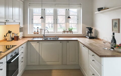 Ejda - 700M from the Sea: Countertop, Kitchen, Cabinetry, Flooring, Furniture, Interior Design, Wood, Kitchen Appliance, Home, Floor
