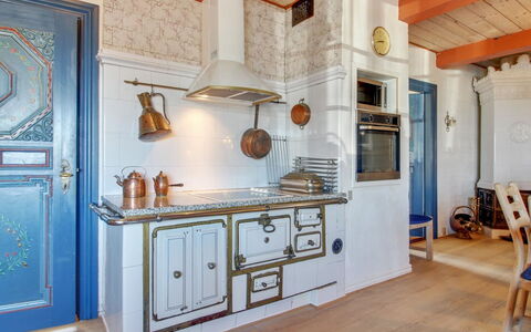 Tilla - 600M from the Sea: Kitchen, Interior Design, Wood, Flooring, Ceiling, Cabinetry, Lighting, Countertop, Furniture, Kitchen Stove