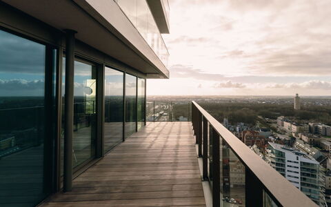 Sky Tower View with Parking: Sky, Cloud, Building, Property, Wood, Shade, Sunlight, Body Of Water, Floor, Horizon