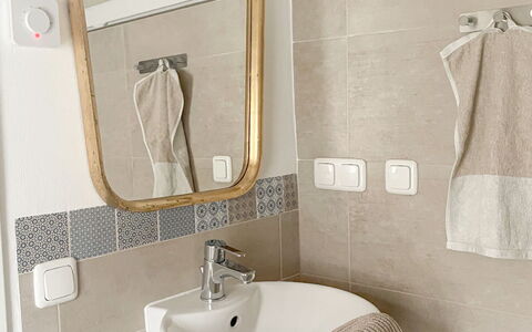 Tiny Lavender House: Mirror, Tap, Plumbing Fixture, Bathroom Sink, Sink, Property, Bathroom, Rectangle, Interior Design