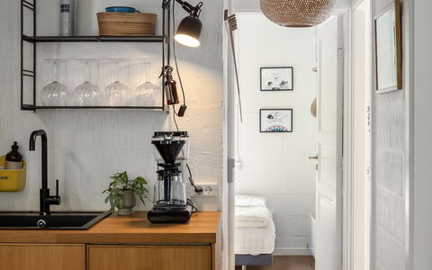 Olaf - 1.4Km from the Sea: Furniture, Interior Design, Wall, Kitchen, Light Fixture, Cabinetry, Lighting, Countertop, Home, Flooring