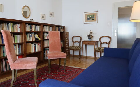 Pérolles: Furniture, Bookcase, Table, Shelf, Picture Frame, Building, Blue, Couch, Wood, Chair