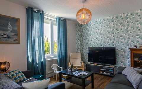 Chez Pascaline: Property, Furniture, Couch, Blue, Table, Picture Frame, Comfort, Wood, Lighting, Interior Design