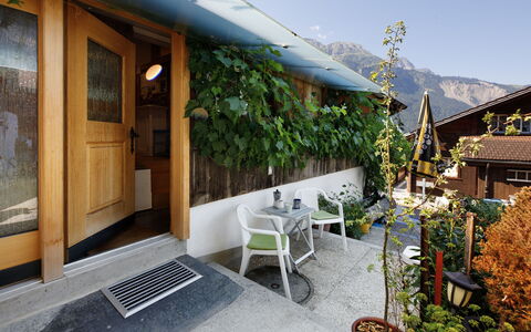 Brienzwiler 125: Flowerpot, Shade, Houseplant, Wood Stain, Chair, Eco Hotel, Restaurant, Balcony