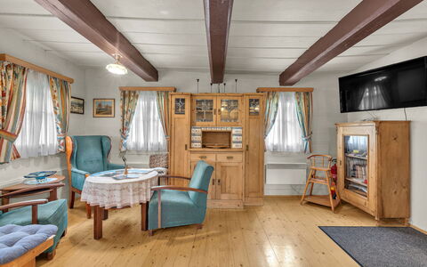 Mezná U Hřenska: Furniture, Building, Wood, Interior Design, Living Room, Table, Floor, Picture Frame, Flooring, Cabinetry