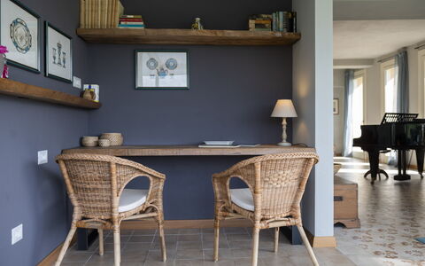 Casa San Grato - Roero - Langhe, Piemonte: Table, Furniture, Building, Chair, Wood, Desk, Interior Design, Shelving, House