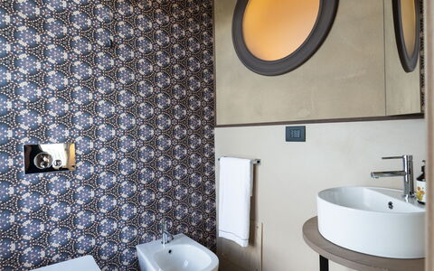 Relais Casa Clara - Roero - Langhe, Piemonte: Mirror, Plumbing Fixture, Property, Tap, Bathroom Sink, Sink, Bathroom, Building, Purple, Toilet Seat