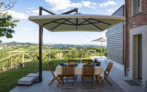 Relais Casa Clara - Roero - Langhe, Piemonte: Sky, Cloud, Property, Furniture, Plant, Shade, Table, Building, Outdoor Furniture, Window