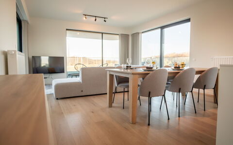 One with Terrace and Dune View: Furniture, Chair, Table, Window, Wood, Building, Interior Design, Flooring, Floor