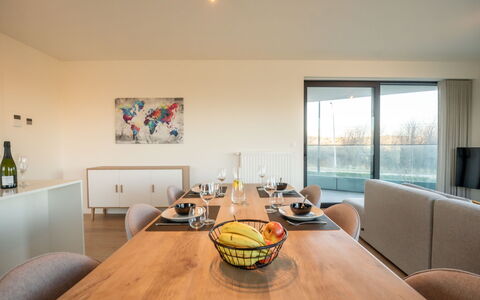 One with Terrace and Dune View: Table, Furniture, Property, Window, Wood, Chair, Interior Design, Lighting, Flooring, Comfort
