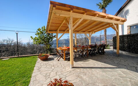 Casa Aurora - Recco, Liguria: Shade, Outdoor Structure, Porch, Eco Hotel, Wood Stain, Hardwood, Outdoor Furniture, Flagstone, Pergola, Beam