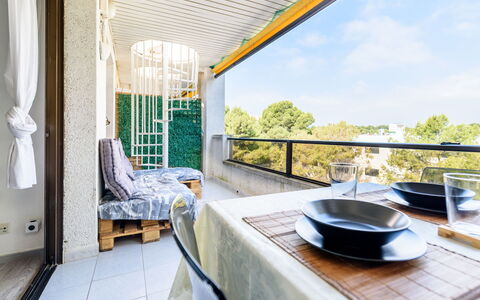Uolas: Apartment, Glass, Chair, Shade, Balcony, Kitchen & Dining Room Table, Daylighting, Aluminium, Outdoor Furniture, Eco Hotel