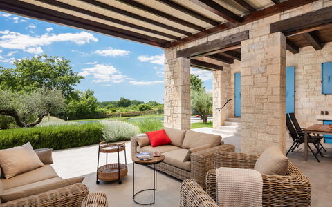 Villa Grando Ii: Sky, Plant, Furniture, Plant Community, Table, Natural Landscape, Chair, Land Lot, Outdoor Furniture, Tree