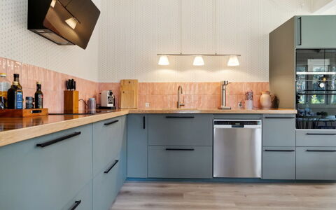 Sjo - 300M from the Sea: Kitchen, Countertop, Furniture, Cabinetry, Kitchen Appliance, Interior Design, Flooring, Wood, Major Appliance, Floor
