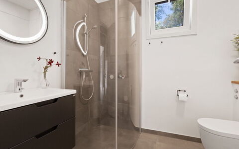 Sjo - 300M from the Sea: Bathroom, Plumbing Fixture, Flooring, Floor, Interior Design, Toilet, Bathroom Cabinet, Mirror, Sink, Tap