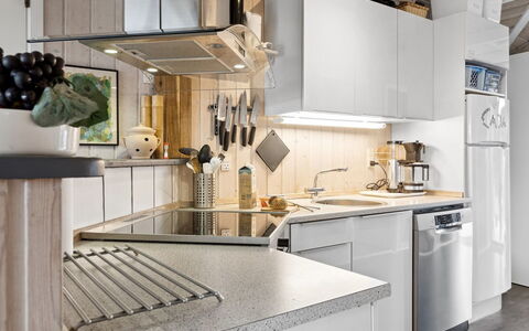 Hjalmsvider - 300M from the Sea: Kitchen, Kitchen Appliance, Countertop, Major Appliance, Interior Design, Furniture, Home Appliance, Cabinetry, Flooring, Kitchen Sink