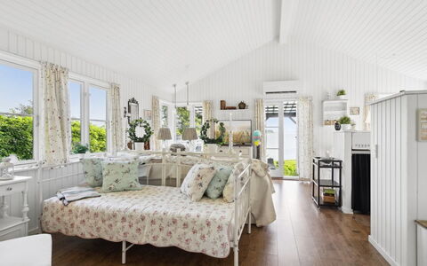 Ginne - 100M to the Fjord: Furniture, Interior Design, Ceiling, Bedroom, Bed, Textile, Floor, Linens, Lighting, Home