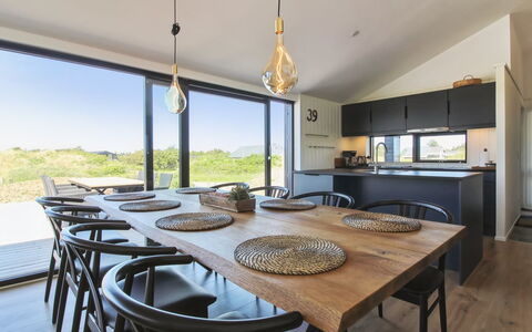 Kristiina - 500M from the Sea: Kitchen & Dining Room Table, Interior Design, Dining Room, Furniture, Table, Ceiling, Wood Flooring, Countertop, Hardwood, Chair